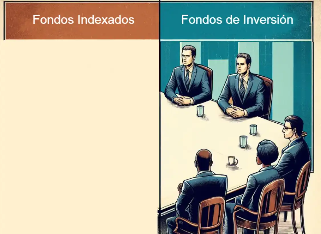 Imagen de gestores de fondos de inversión a la derecha y nada a la izquierda simulando fondos indexados